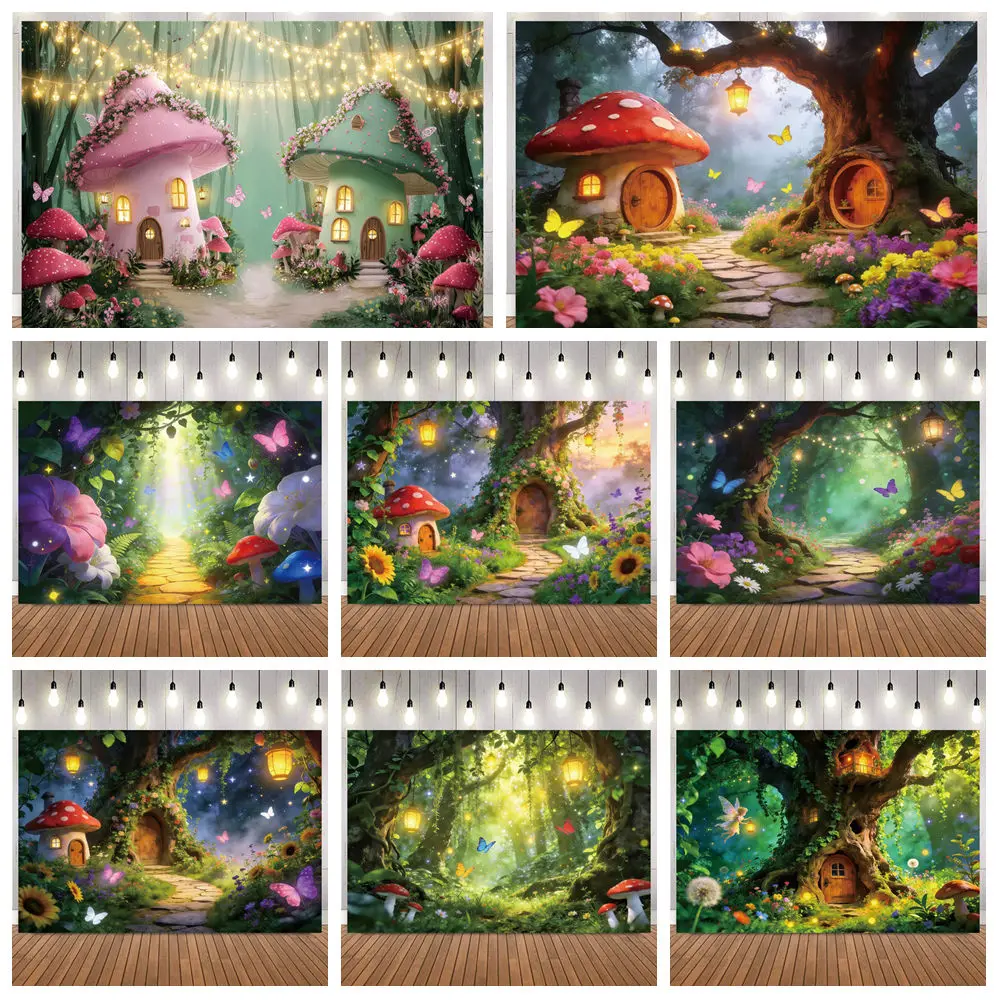 Enchanted Forest Photography Background Greenery Mushroom Wonderland Spring Flowers Girls Birthday Party Decor Photo Backdrops