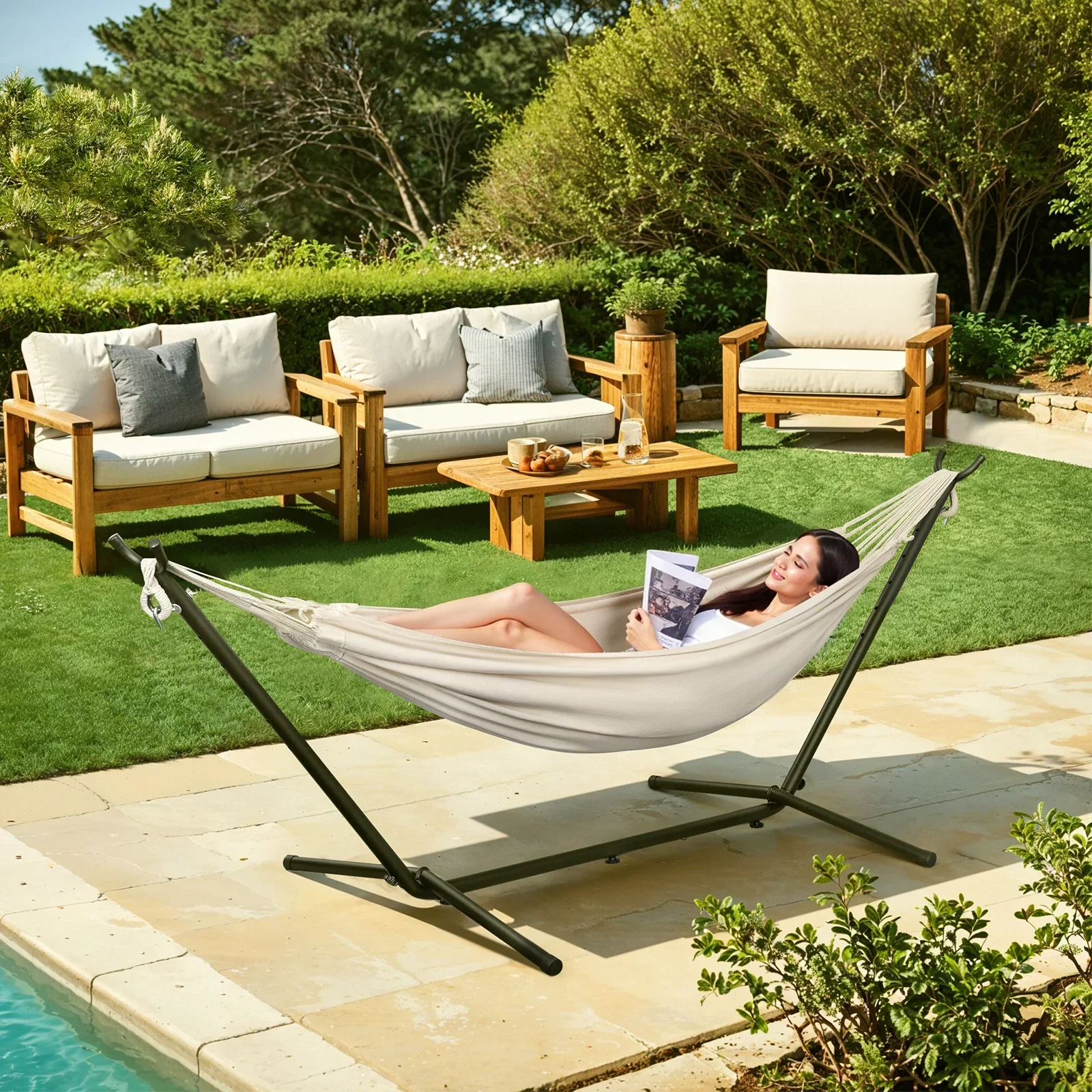 Hamaca doble portátil con soporte resistente, capacidad de 250kg, columpio colgante para exteriores para 2 personas, para acampar, jardín, 280x106x100cm