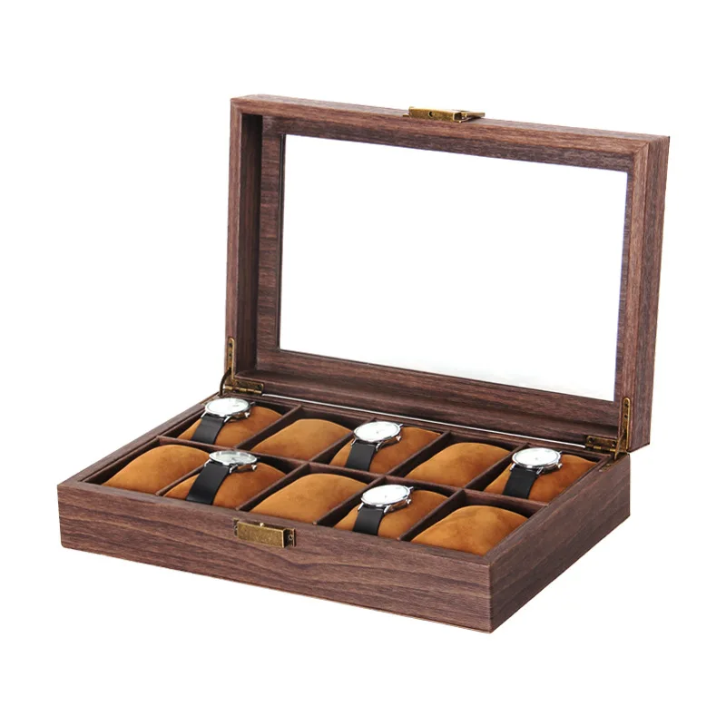 10-Bit Light Luxury High-Grade Watch Storage Box Manufacturer Brown Retro Wood Grain Leather Watch Organizer  Box Glasses case