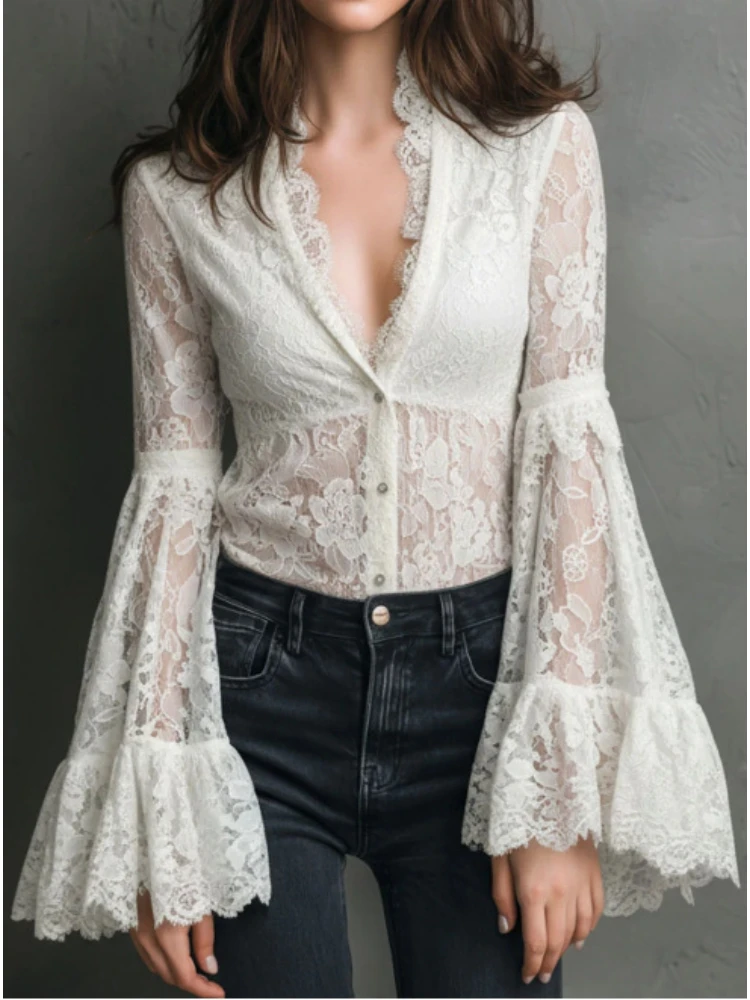 

Sexy V-Neck Sheer T-Shirts Retro Women Flare Long Sleeve Spring Lace Slim Single-breasted Tops Casual Evening Party Chic Tees