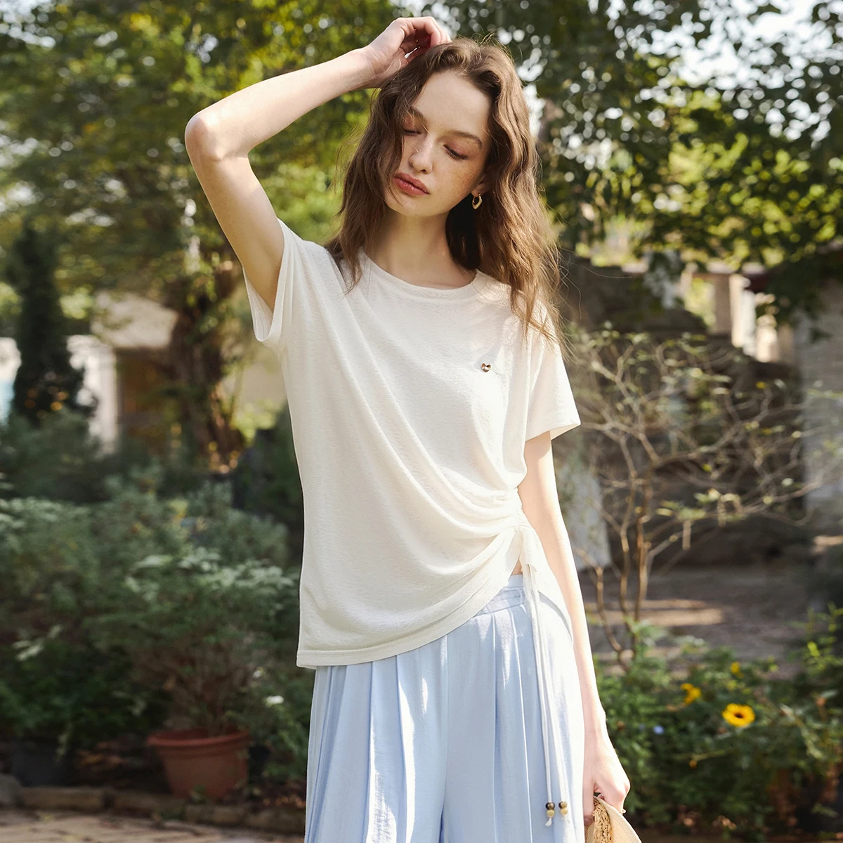OLrain Commuter Versatile Round Neck Top Women 2026 Summer Fashion Side Asymmetric Drawstring Ruched Loose T-shirt O58XT006366
