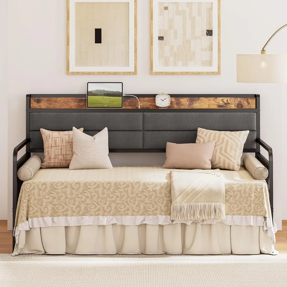 Tempat Tidur Daybed dengan Trundle, Rangka Tempat Tidur Twin XL dari Logam Kokoh dengan Sandaran Kepala Berlapis dan Stasiun Pengisian Daya untuk Ruang Tamu