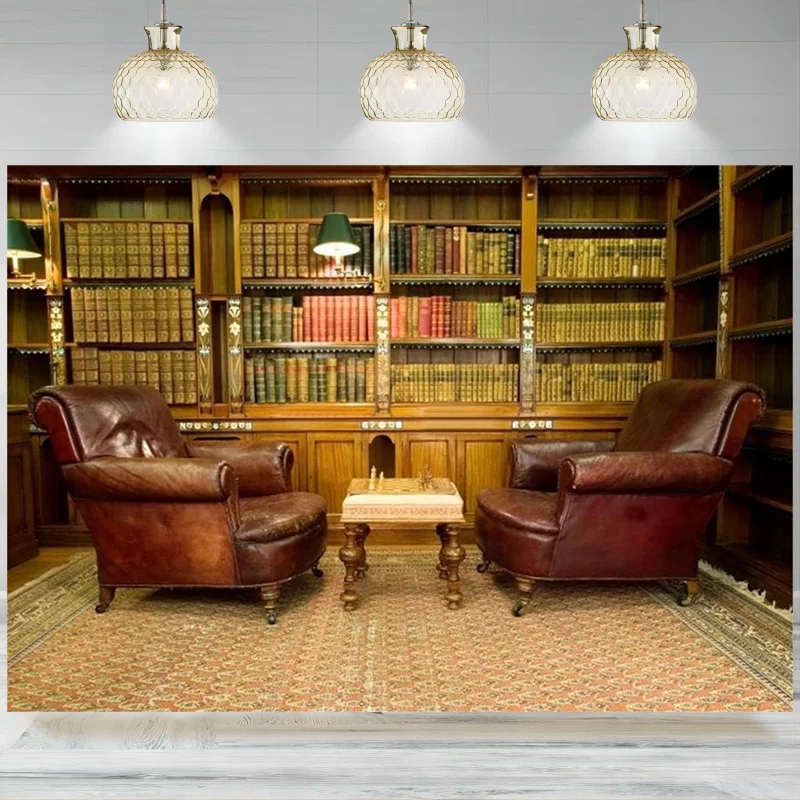 Vintage Luxury Study Bookshelf Backdrop Photography Home Office Sofa Business Conversation Room Banner Retro Books Background