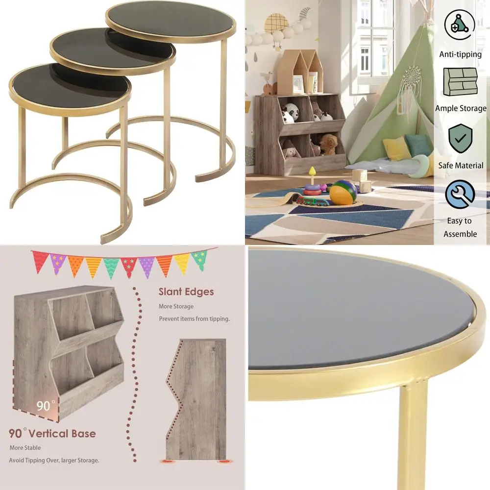 Deco 79 Set of 3 Metal Nesting End Tables with Black Glass Tops, Gold Finish, Heights 21, 19, and 17 Inches