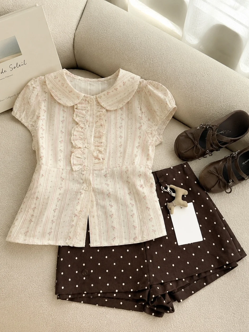 

Summer Floral Print Doll Collar Short Sleeve Shirt Women's Casual Set with Polka Dot High Waist Shorts Slimming Two-Piece Suit
