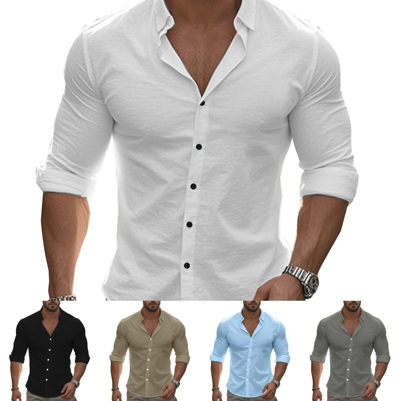 

Рубашка мужская, хлопково-льняная гавайская рубашка, топы на пуговицах с длинными рукавами, дышащая мужская рубашка на весну и лето