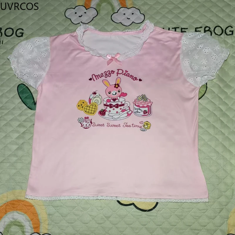 Japonês kawaii coelho impressão dos desenhos animados bonito lolita topos y2k estética rendas retalhos fino arco colheita t grunge doce fada camisetas