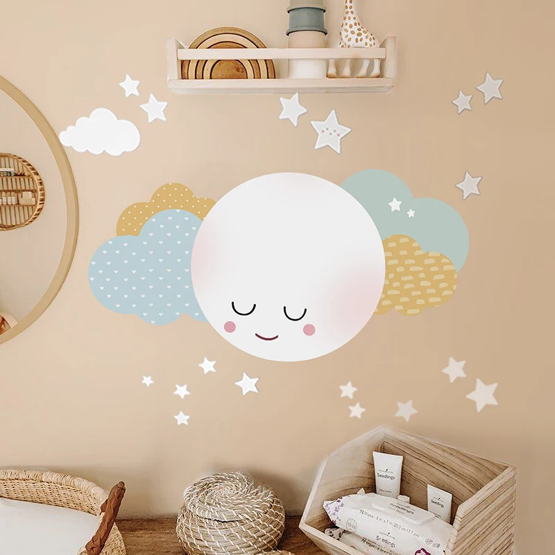 

Cartoon Smiling Moon Star Cloud Wall Sticker Self-Adhesive Removable Kids Rooms Murals Waterproof Art Decal for Home Decoration