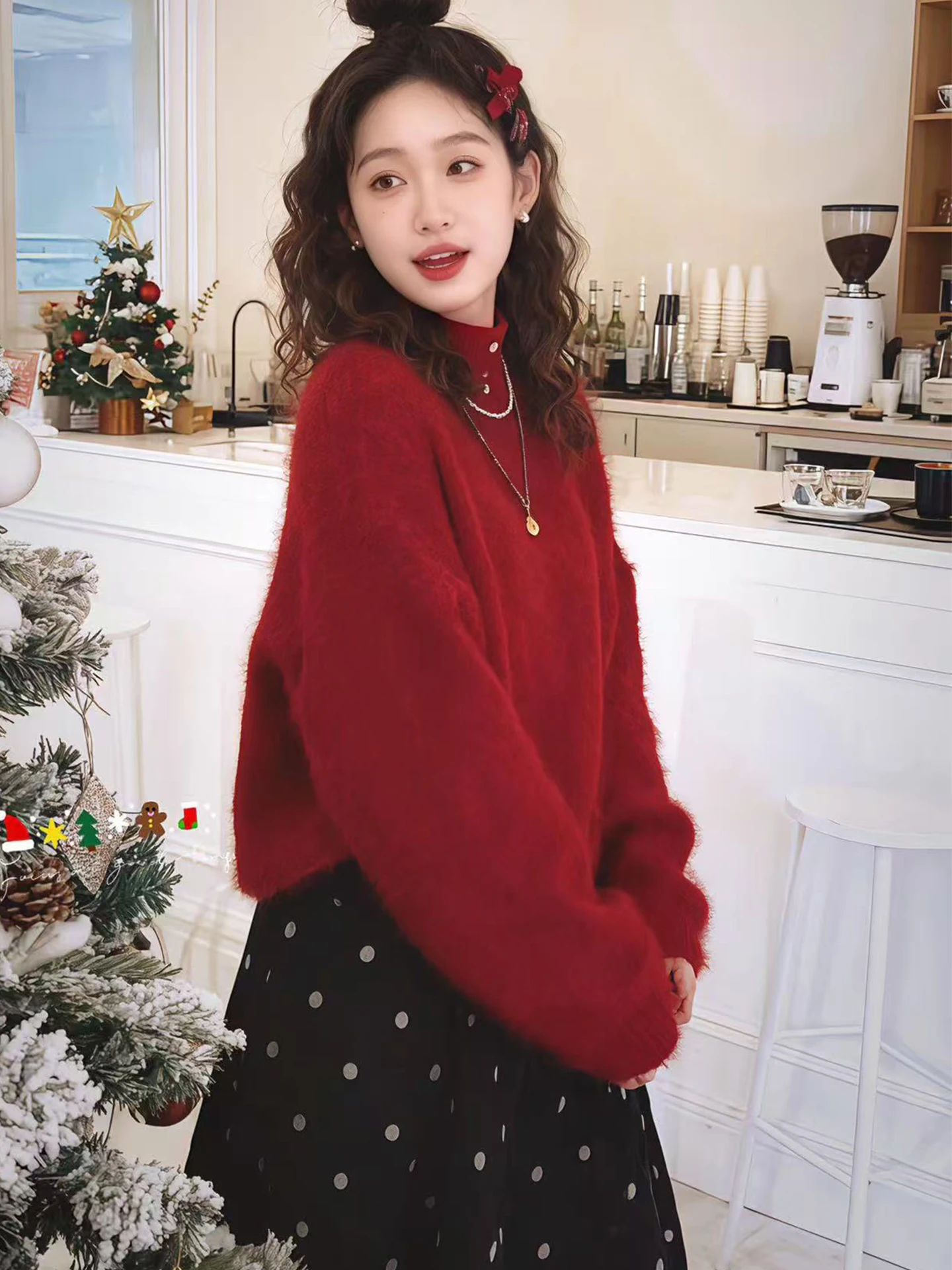 Conjunto de Falda y Suéter con Lunares Rojos para Mujer, Moda Primavera Otoño Invierno, Tejido Cálido, Cintura Alta, Corte Ajustado, Cuello Redondo, Traje de Dos Piezas