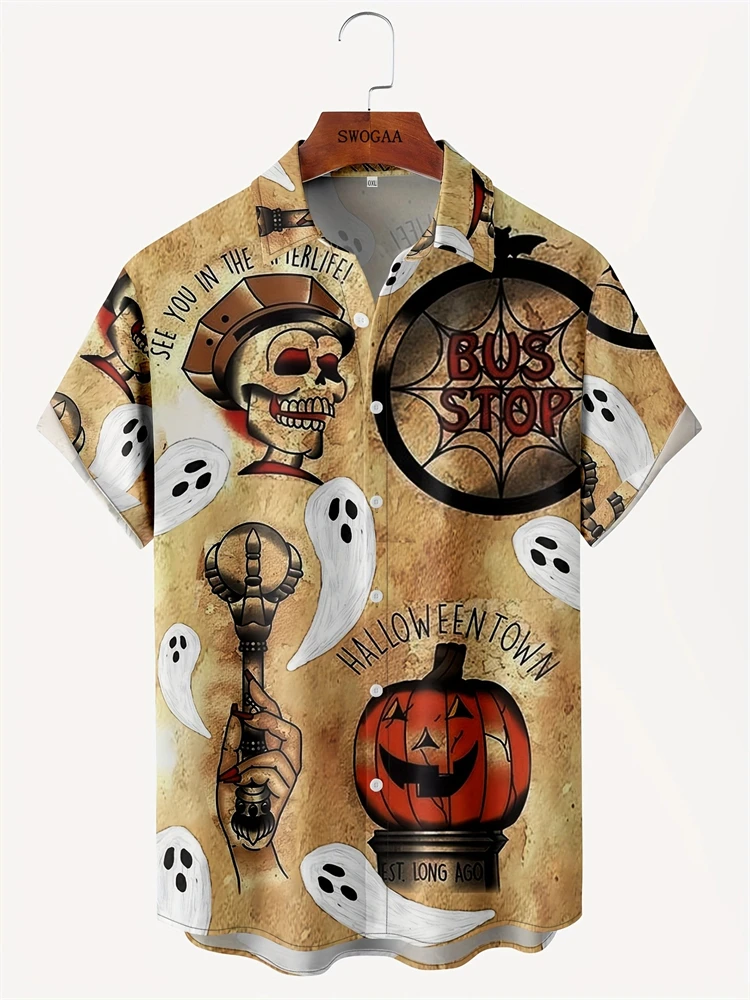 Vintage Skull Print Shirt Men's European Pattern Short Sleeve Shirt Summer Casual Lapel Shirt Tops Hawaiian Button Down Shirt