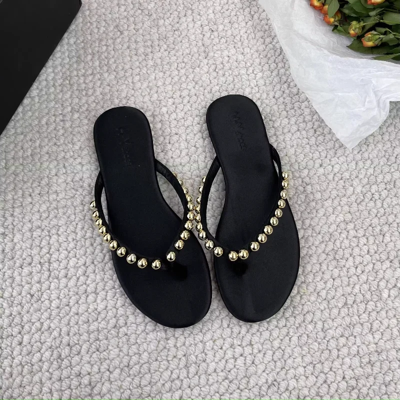 Fashion Pearls Beach Flip Flops for Women 2025 Summer Clip Toe Flat Slides Sandals Woman Comfortable Non Slip Outdoor Slippers view 2