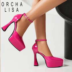 ORCHA LISA Women Pumps 4.5cm High Platform 13cm High Heel Ankle Strap Faux Patent Leather Pointed Toe Sexy Big Size 44 45 46 47