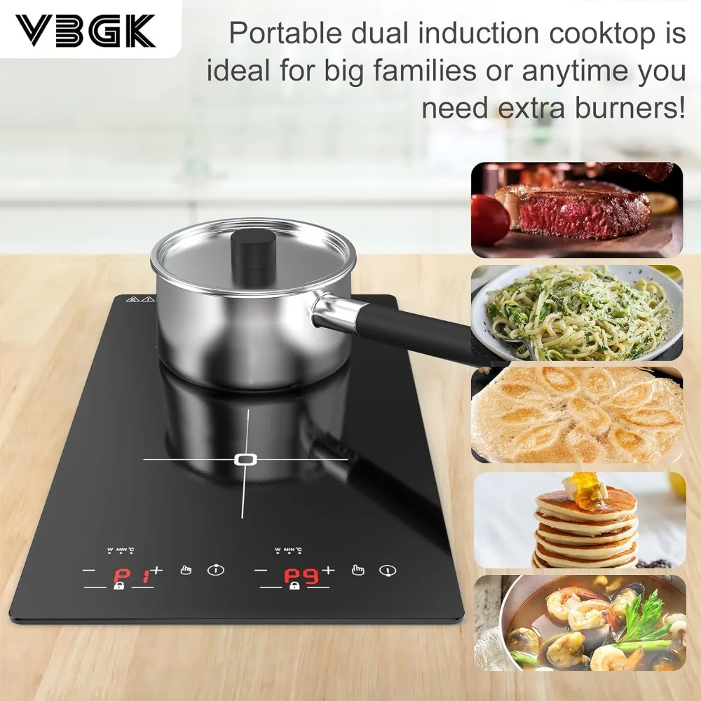 VBGK-Table de cuisson électrique à double induction, avec verrouillage de sécurité enfant et minuterie, 2 brûleurs, 2300W, 110V