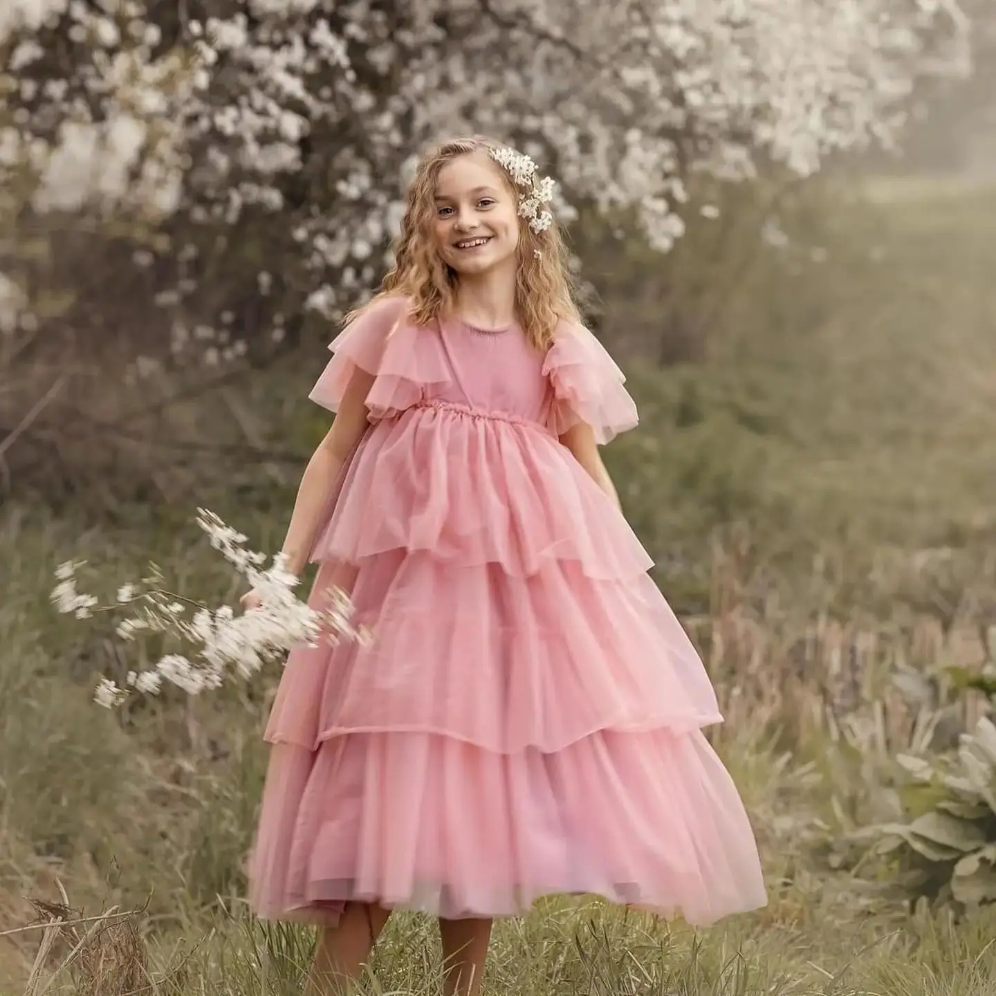 Robe de Rhrose à plusieurs niveaux pour petites filles, robes de demoiselle d'honneur, anniversaire, tout ce qui est charmant, sur mesure, photographie pour enfants