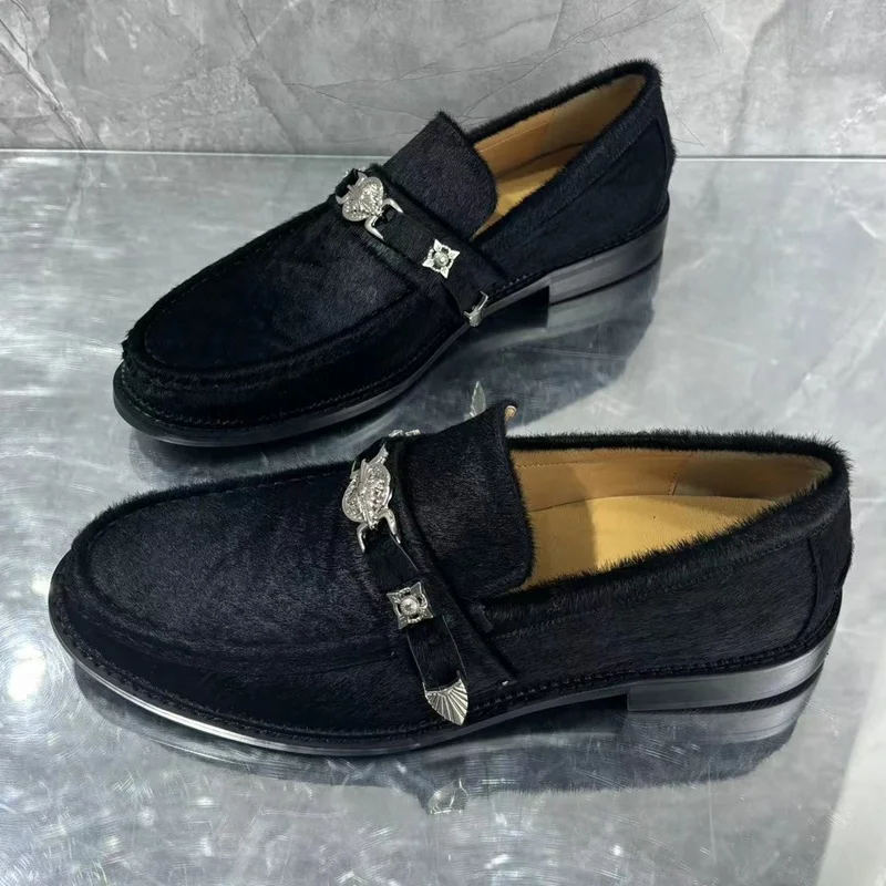 New Stylish Black Horsehair Shoe Men Buckle Loafers Luxury Slip On Men Dress Shoes Men's Leather Casual Shoes