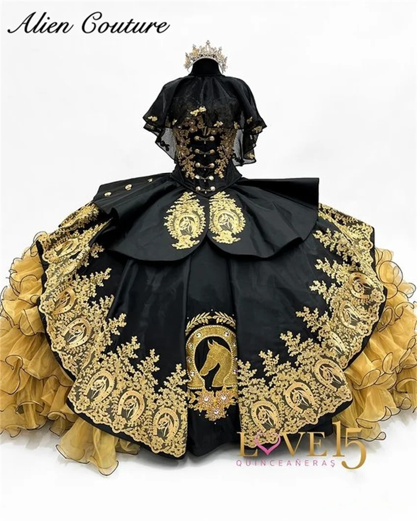 

Mexican Luxury Black Quinceanera Dress Satin Gold Applique Ruffles Tiered With Cape Vestido De 15 Años Ball Gown Customized