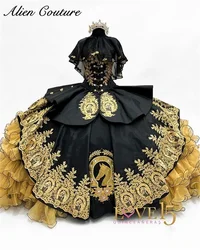 Mexican Luxury Black Quinceanera Dress Satin Gold Applique Ruffles Tiered With Cape Vestido De 15 Años Ball Gown Customized