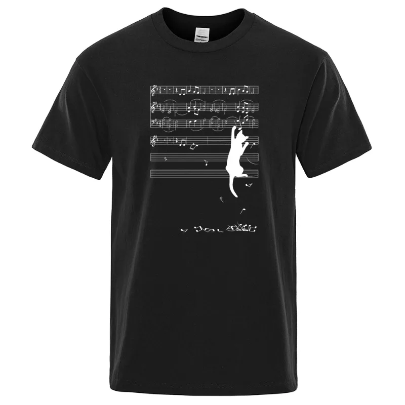 Cat Hanging on Music Score Print Short Sleeve O-Neck Cotton Tops Summer Fashion T-Shirt Oversized Casual Streetwear Men T Shirt