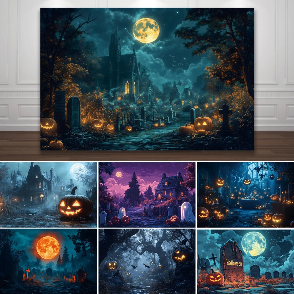 

Halloween Castle Horror Theme Photography Background Evil Pumpkin Lights Ghosts Halloween Eve Party Backdrop Photo Studio Props