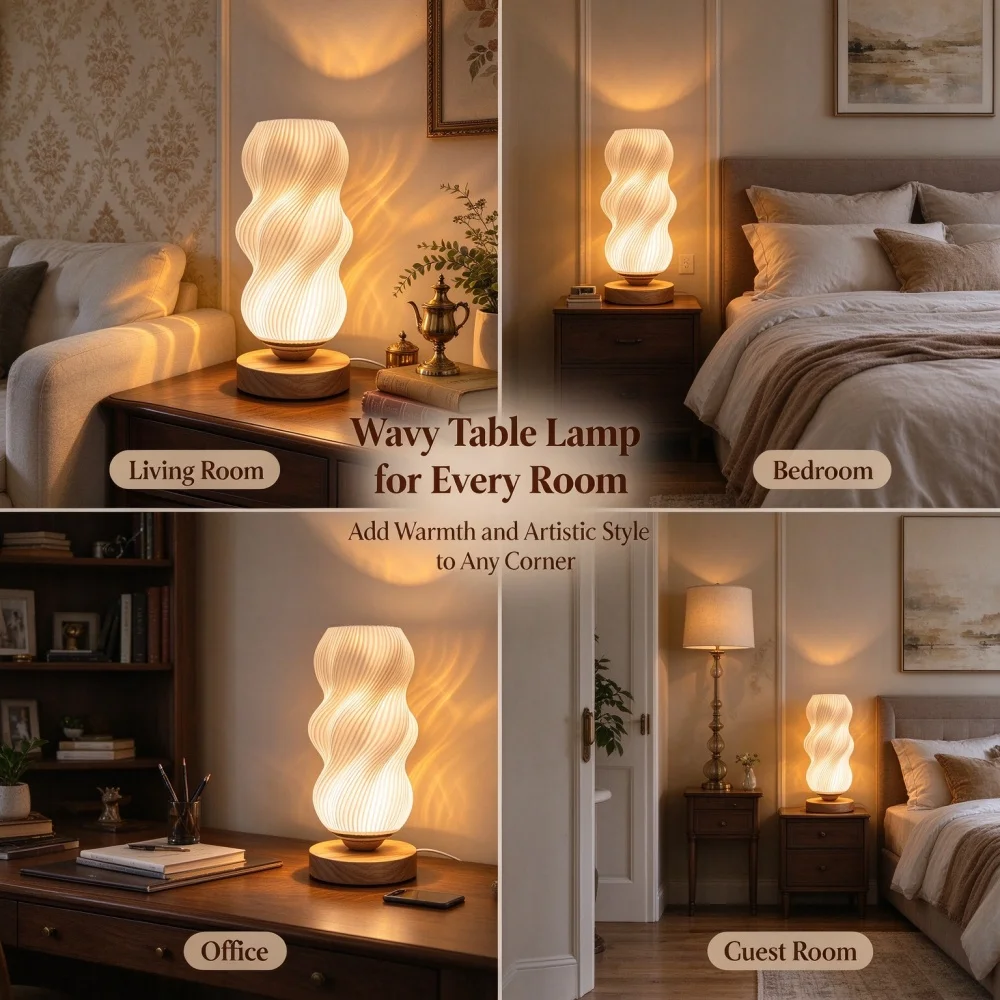3D Printed Wave Texture Night Lamp Soft Adjustable Lighting with 3 Color Modes USB Powered Bedroom Decorative Lamp for Reading R view 4