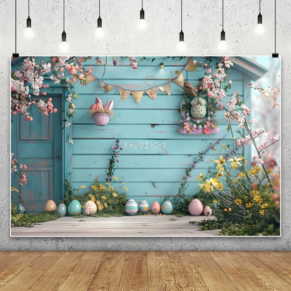 الأزرق الخشب مجلس جدار عيد الفصح خلفيات للتصوير الفوتوغرافي عيد الفصح البيض الملونة الربيع زهرة الطفل صورة خلفية صور استوديو الدعائم