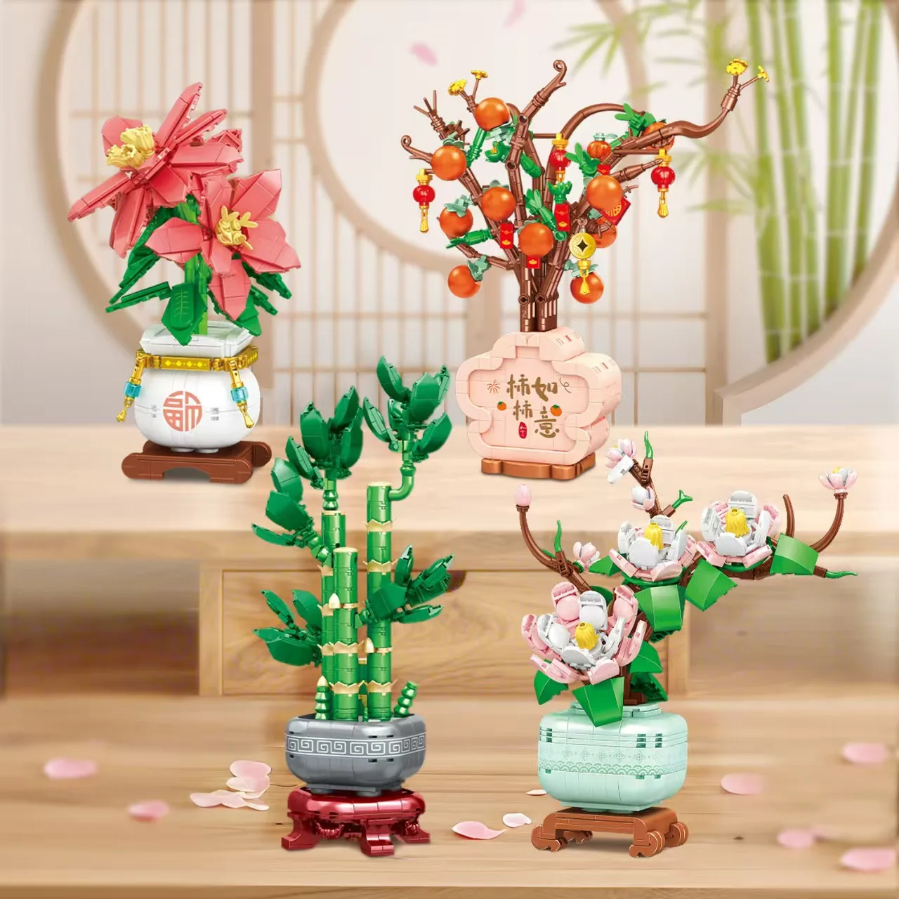 Magnolia de bambú de la suerte, flores de caqui, bonsái, plantas en macetas, bloques de construcción DIY, regalo de Año Nuevo, decoración para el hogar y la Oficina, juguete de ladrillo