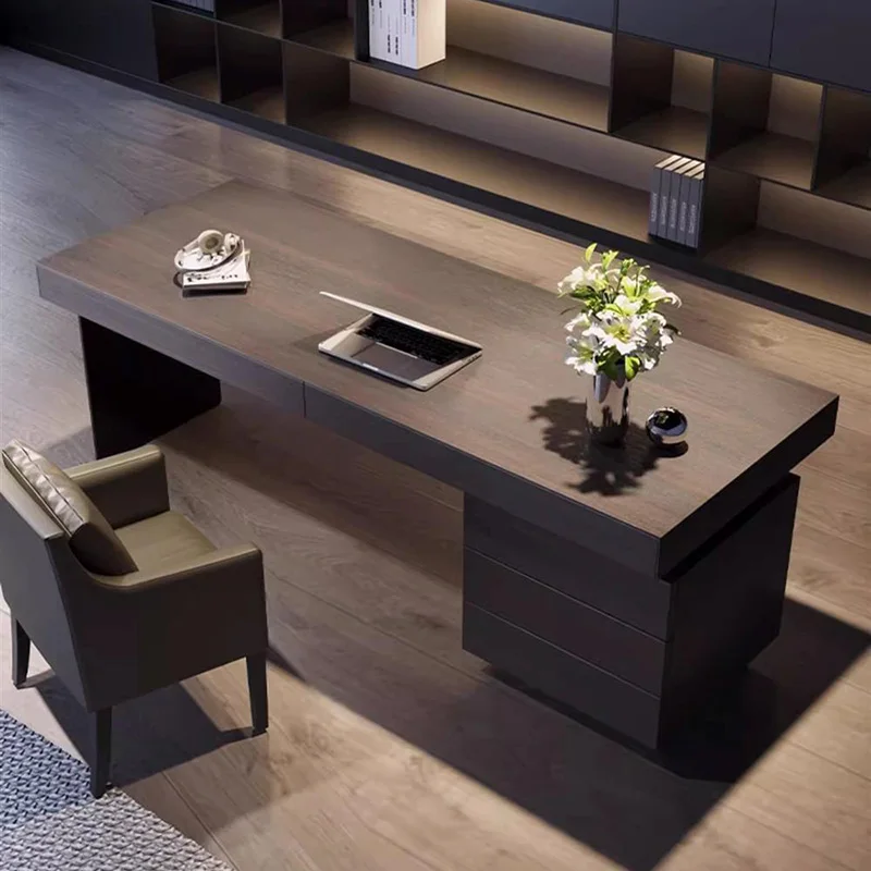 

Modern Wooden Desk with Drawer and Storage Cabinet Stainless Steel Legs, Writing Table for Home Office or Study Room