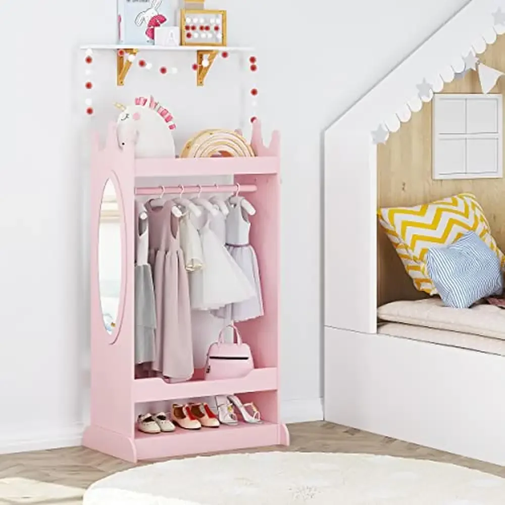 Kids Dress up Storage Hanging Armoire Closet with Mirror Costumes Pretend Play Organizer Princess Themed Great Gift option Girls