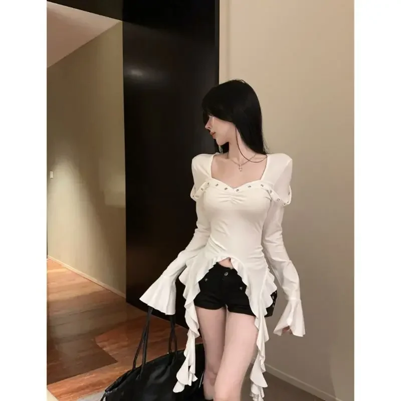 

Women Temperament Trend Sexy Square Collar Irregular Ruffles Top Tee Spring Summer Irregular Solid Color Long Sleeve T-Shirts