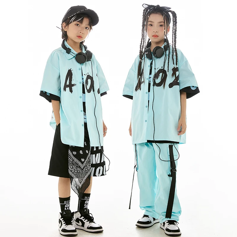 Summer Kids Hip Hop Dance Clothes Girls Loose Shirt Pants For Boys Jazz Street Dance Performance Costume Sky Blue Suit BL12857