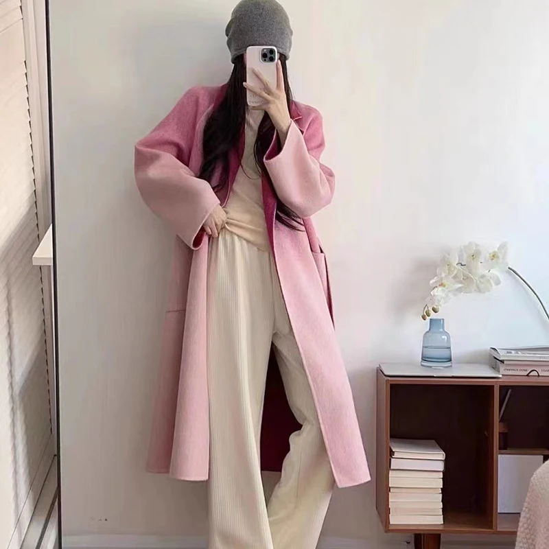 Double Faced Cashmere Overcoat Woman Gradient Suit Collar Oversized Woolen Jacket Fall Winter New Big Pocket Fashion Korean Coat