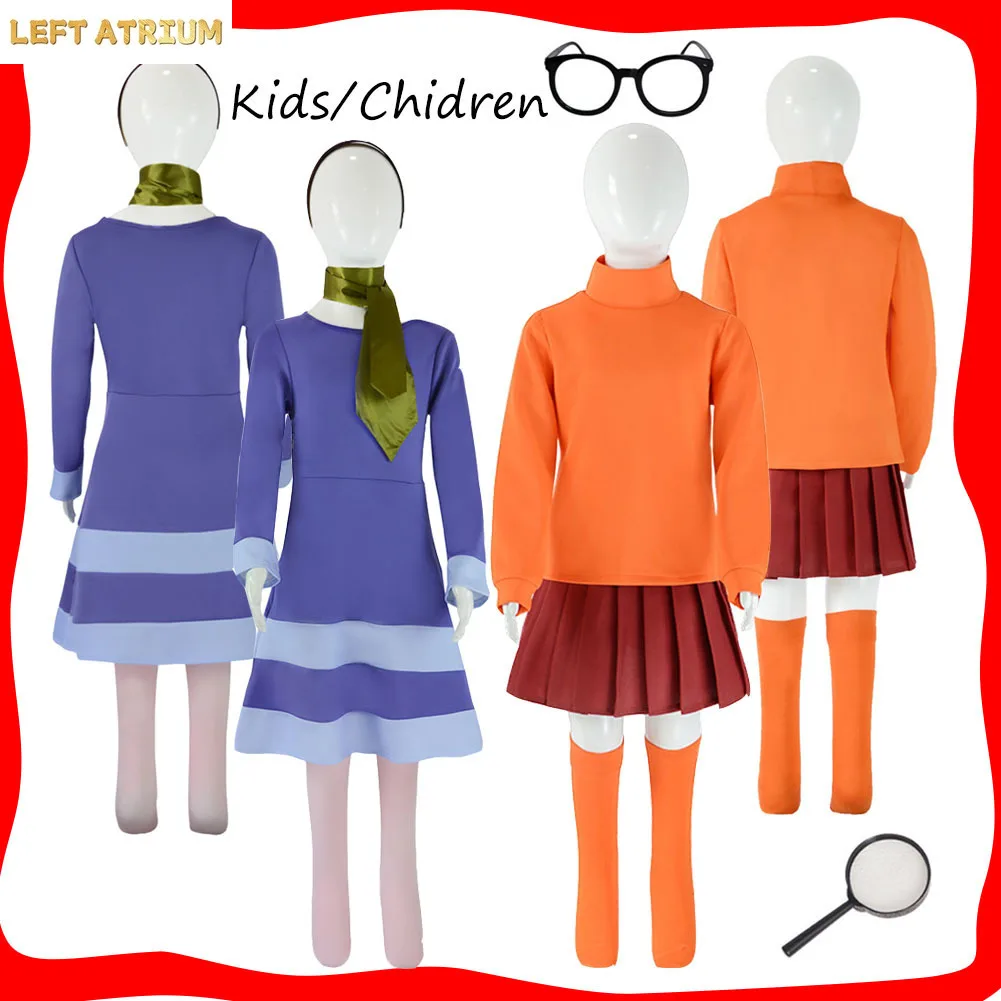

Daphne Cosplay Kids Children Velma Costume Anime Disguise Outfits Top Skirt Headband Glassess for Girls Halloween Carnival Suit