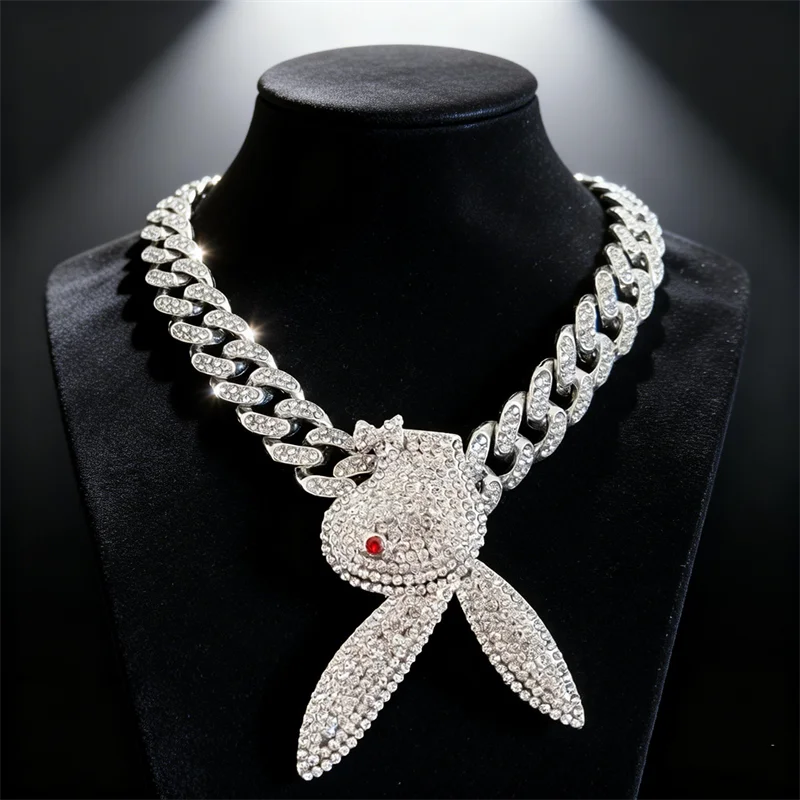 Fashion Full Crystal Long Ear Rabbit Pendant Necklace With Miani Cuban Chain For Men Women Hip Hop Iced Out Party Jewelry