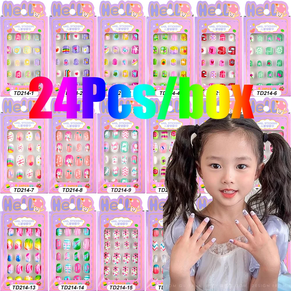 5-12 سنة الأطفال الصحافة على الأظافر 24 قطعة/صندوق قوس قزح/يونيكورن/القط/زهرة لطيف فتاة الأظافر وهمية ثلاثية الأبعاد لاصق الكرتون أظافر صناعية تلميح