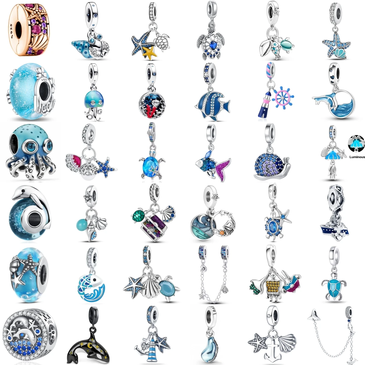 New 925 Sterling Silver Charm Fit Original Bracelet Accessories Women Jewelry Blue Ocean Series Octopus Dolphin Ship Lighthouse