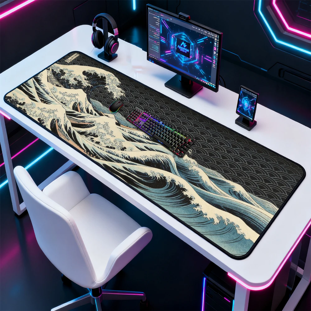 

Japanese Art Mouse Pad The Great Wave Off Kanagawa XXL Thick Large Desk Mat 800x600mm to 1800x600mm Non Slip Rubber Base