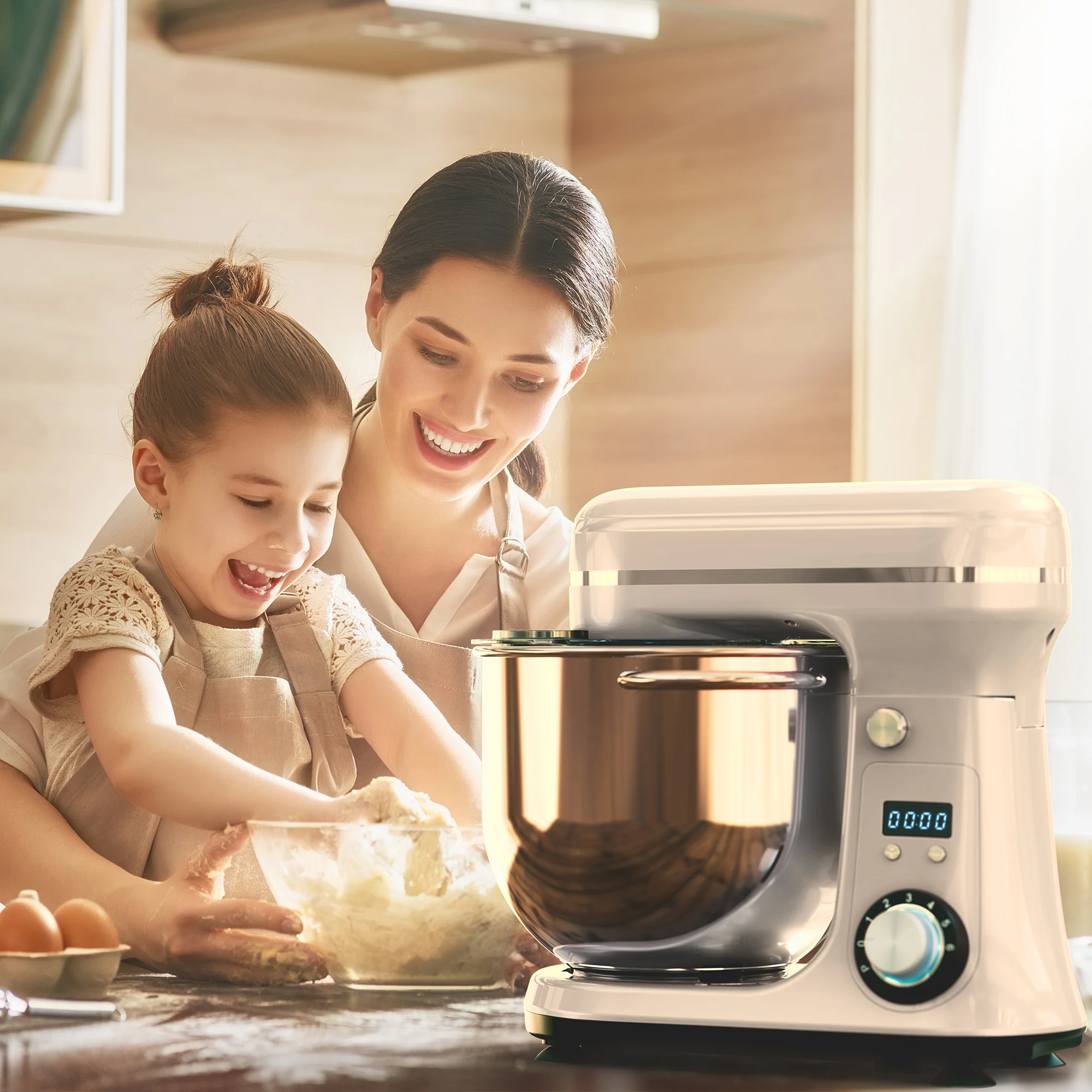 BioloMix 6-Gang-Standmixer für die Küche, 1200 W DC, leiser Motor, 6 l Edelstahlschüssel mit Sahne-Ei-Schneebesen, Peitsche, Teigkneter – Detail 11