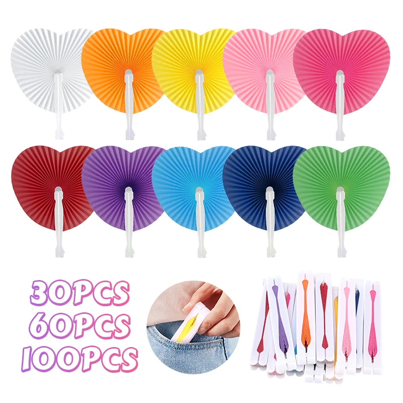 30/60/100pcs White Heart Shape Folding Fans Colored Paper Plastic Handle Hand Fan For Wedding Birthday Party Favors Bag Fillers