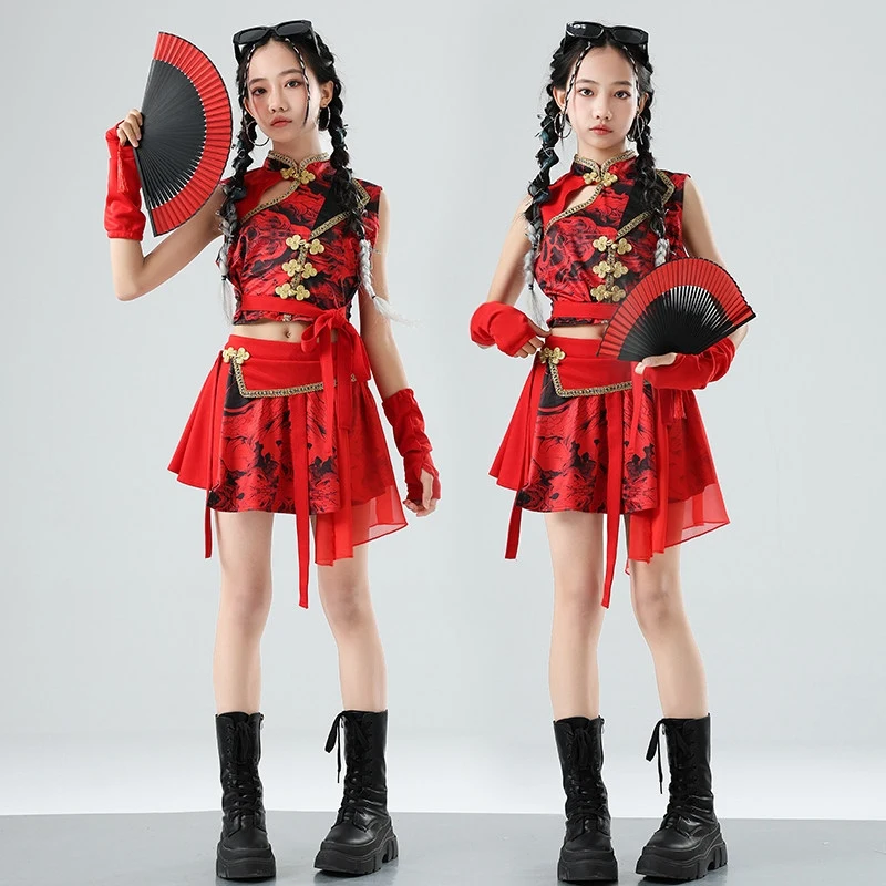 

Одежда для джазовых танцев в китайском стиле для девочек, красный костюм для выступлений, Kpop, одежда для концертов, подиума, сценическая одежда, групповая одежда BL18317