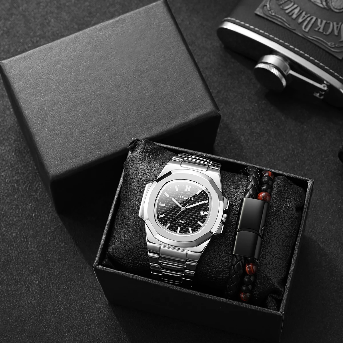 

Элегантный мужской подарочный набор: серебряные квадратные часы и браслет из бусин — минималистичные наручные часы из нержавеющей стали с черно-красным браслетом из бусин