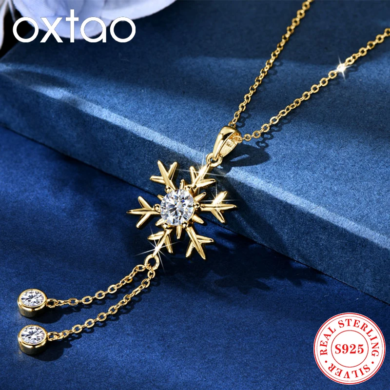 

OXTAO Snowflake Pendant 6.5mm&4m Round Moissanite Diamond Necklace Ladies Original S925 Silver 14K Gold Plated Jewelry Necklaces