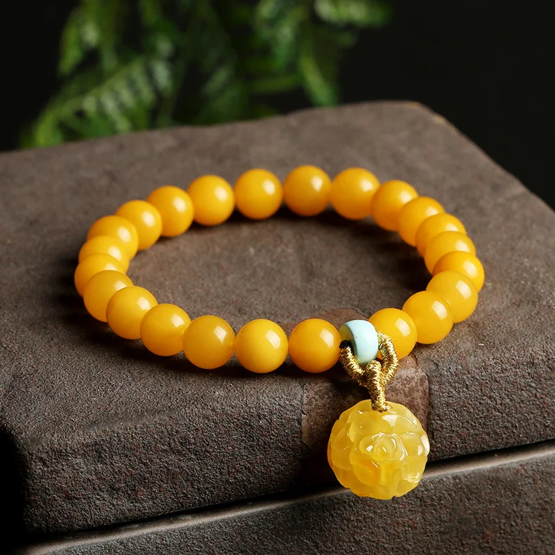 Natural Round Beeswax Bracelet 6.5mm with Amber South Turquoise Rose Beads Lucky Blessing Gifts