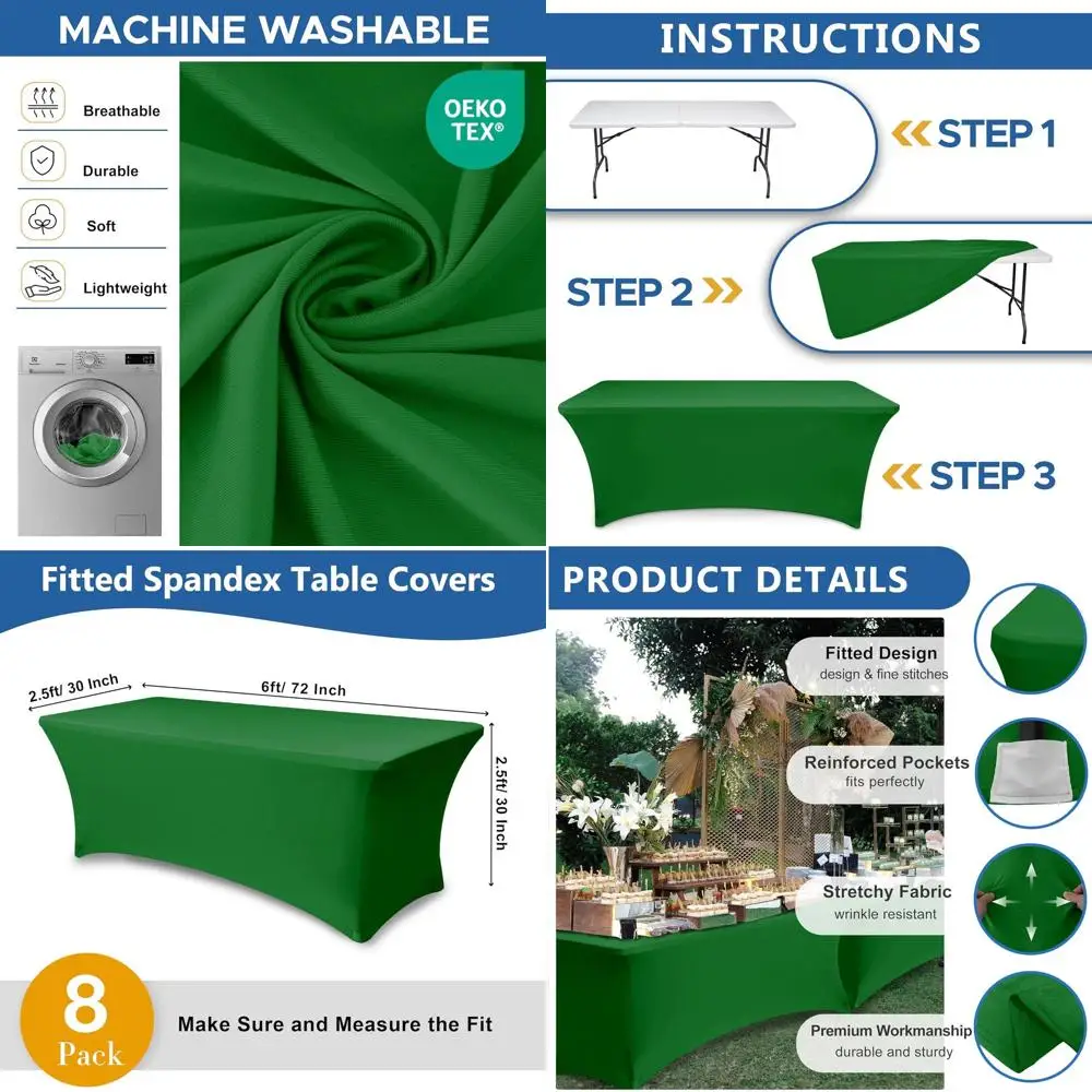 

Green Spandex 6ft Rectangular Table Covers, 8 Pack, Elastic Fit for Christmas Parties, Booths, Events & Trade Shows