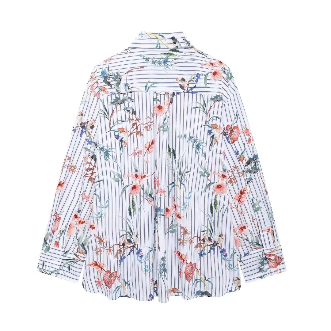 TRAF 2024 Floral Striped Shirts for Women Summer Oversized Shirt Women Collar Button up Shirt Woman Long Sleeve Women's Shirts