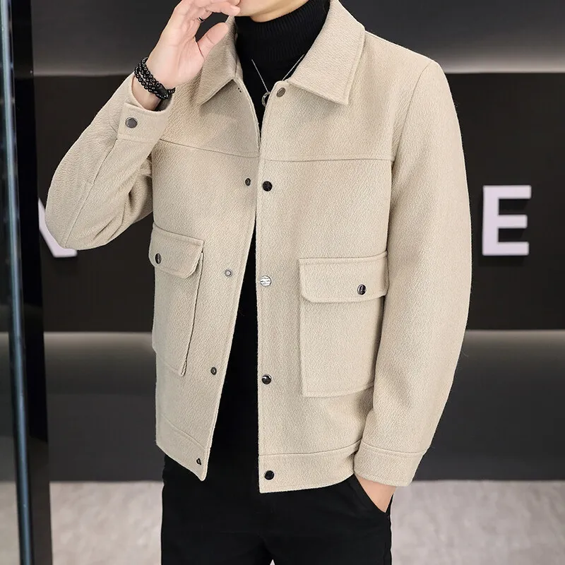 

New Arrival Men's Solid Color Short Woolen Coats 2025 Autumn Winter Wool Fleece Jacket Outwear Slim Fit Warm Plush Tops Clothing