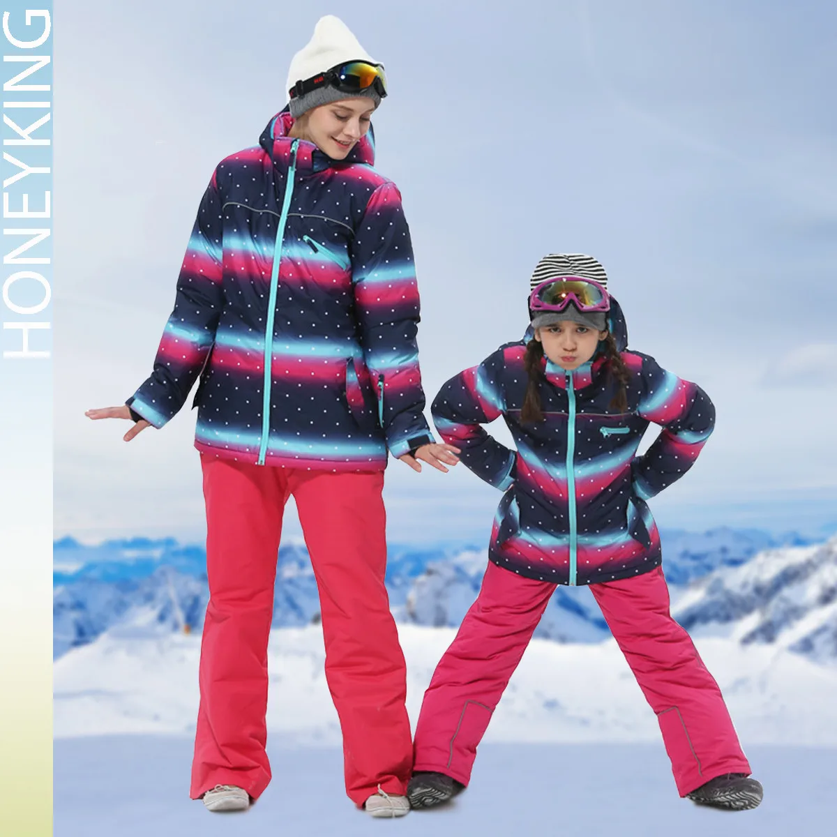 HONEYKING Parent-child Outfit Snowsuit Ski Suit Winter Outdoor Sports Children Ski Jumpsuit Waterproof Snowboard Jacket Pant Set