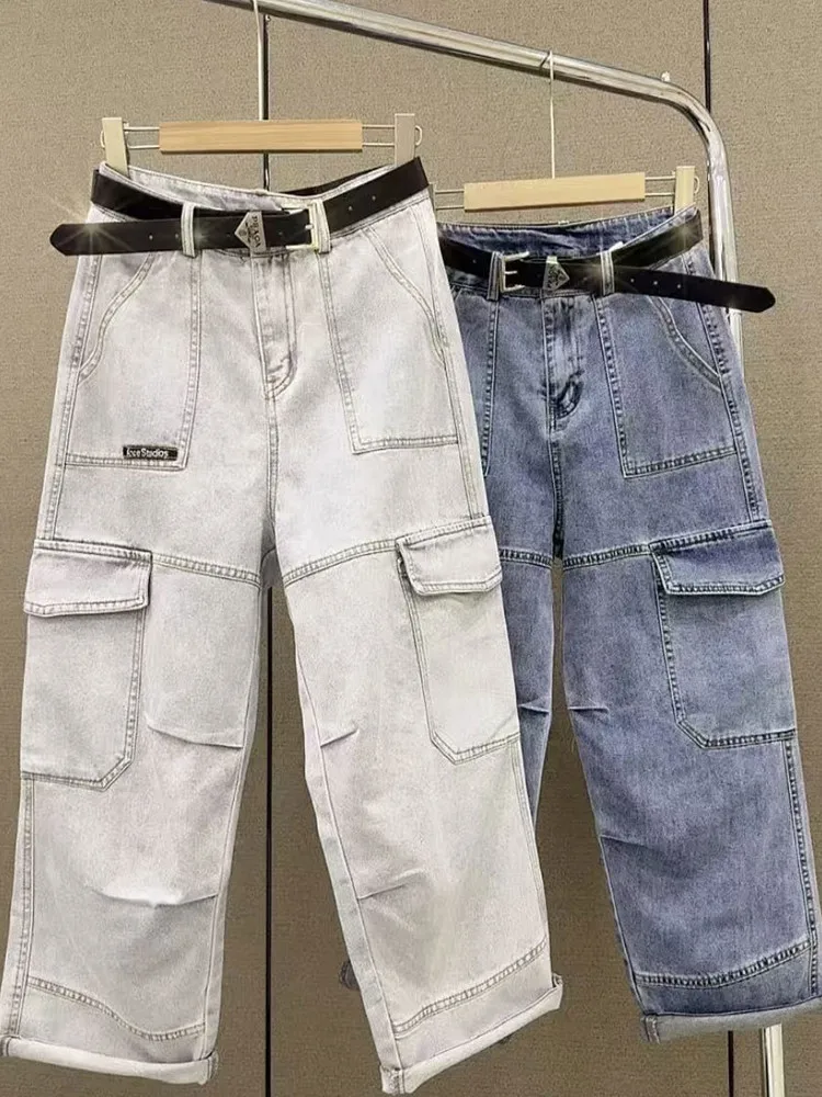 

Spring 2025 plus Size Women's Jeans Slimming Trendy Patchwork Workwear Loose Fit High Waist Straight Leg Cotton Polyester Blend