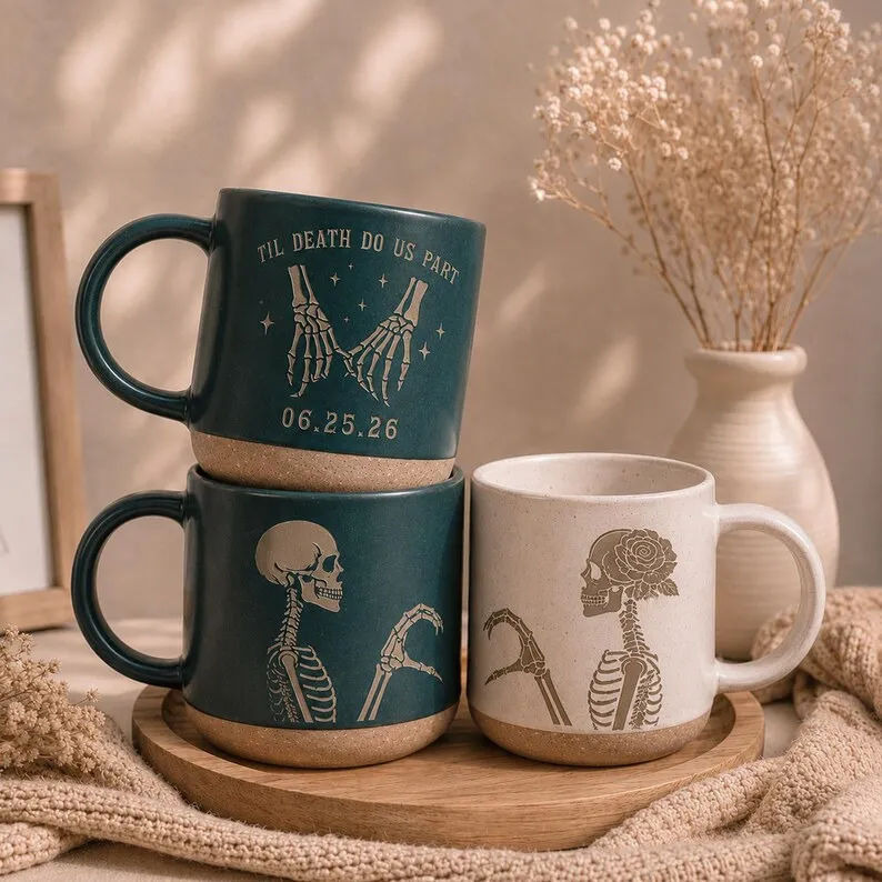Custom Engraved Skeleton Couple Ceramic Mug Til Death Do Us Part Gothic Halloween Lovers Pottery Coffee Cups Personalized  Gift