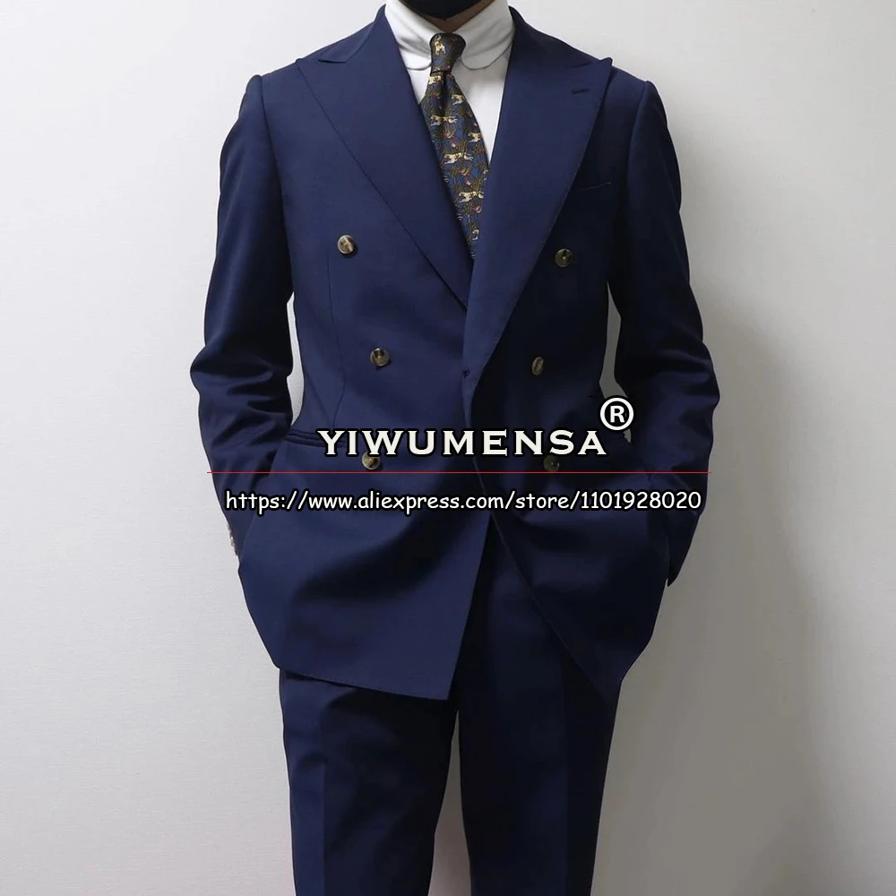 

Классические мужские костюмы на свадьбу, темно-синий двубортный пиджак, жилет, брюки, комплект из 3 предметов, смокинги для выпускного вечера жениха по индивидуальному заказу
