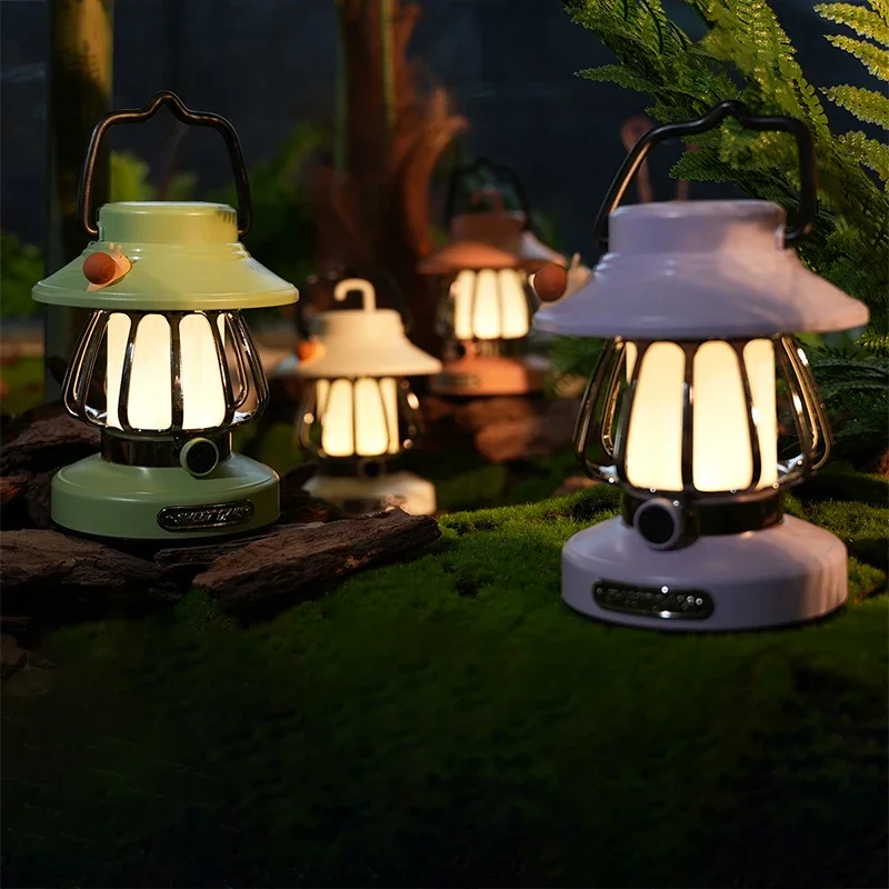 Camping Night Lights USB C Rechargeable 3 Colors Stepless Dimming Night Light Outdoor Portable Emergency Retro LED Camping Lamp